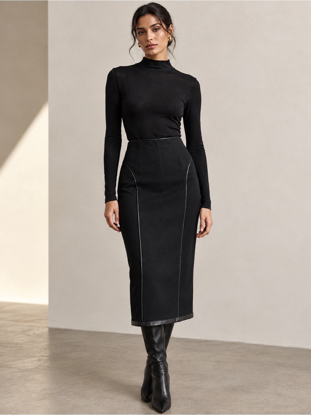 H&M Black Leather Trim Midi Pencil Skirt – Size 4